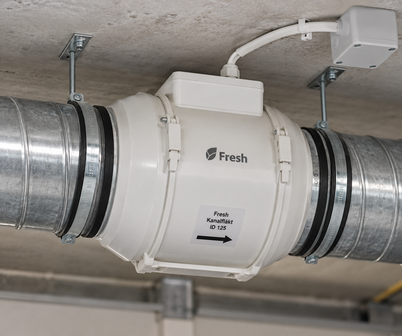 Electrical connection of an inline fan installed in an existing ventilation duct.